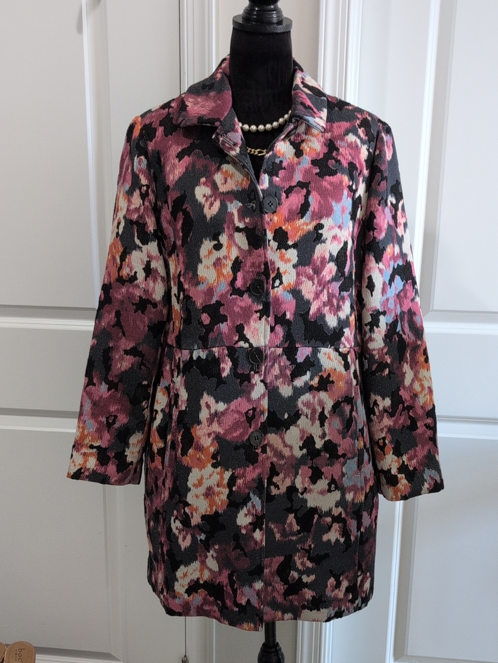 Chicos Tapestry Floral Pattern Long Jacket - Pink & Black